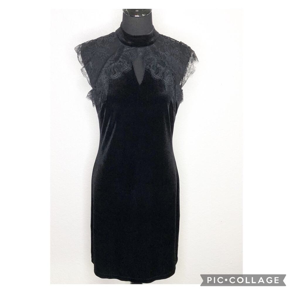 WHBM black velvet lace ruffle high neckline Victorian style sheath dress size 4